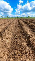 Plowed field under a vibrant blue sky with fluffy clouds AI generative