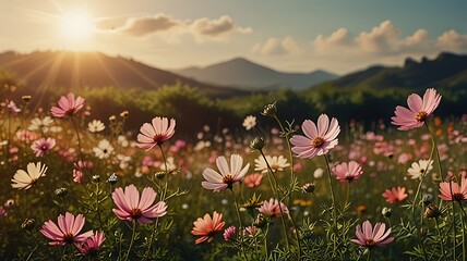 Vintage landscape nature background of beautiful cosmos flower field on sky with sunlight in spring.