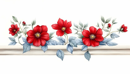 Red flowers and blue-grey leaves watercolor arrangement on a white ledge AI generative