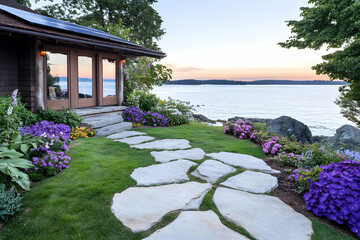 Serene lakeside cottage with stone path, vibrant flowers, and sunset view AI generative