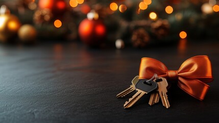 Set of keys tied with a vibrant orange ribbon resting on a dark surface against a dreamy blurred background of festive Christmas decorations and lights