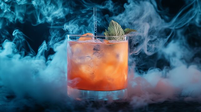Refreshing Orange Cocktail Drink Ice Cubes Mint Garnish Smoky Blue Background Cool Summer Beverage Stylish Glassware Modern Photography Vibrant Colors Professional Food Photo High Quality Image       