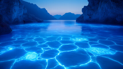 Serene twilight cove with bioluminescent water AI generative