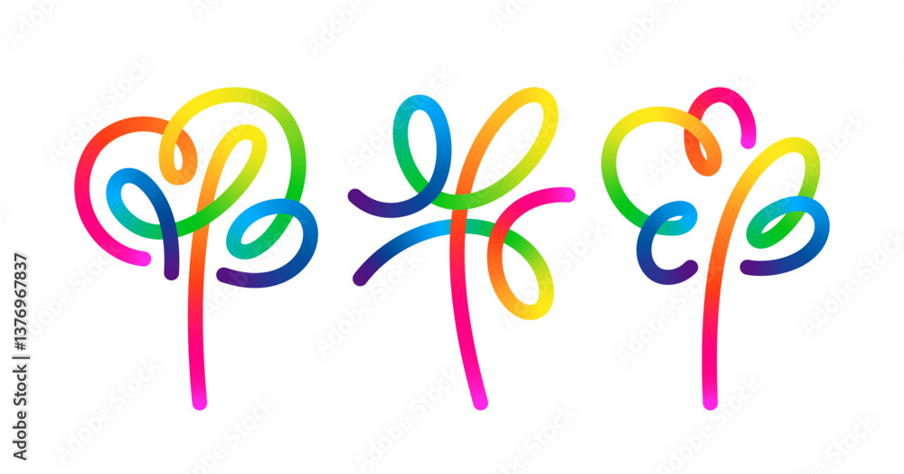 Poster Line Tree Vector Logo. Abstract Outline Gradient Plant Icon. Art Symbol Design with Color Continuous Line. Set of Abstract Trees and Flowers Illustration