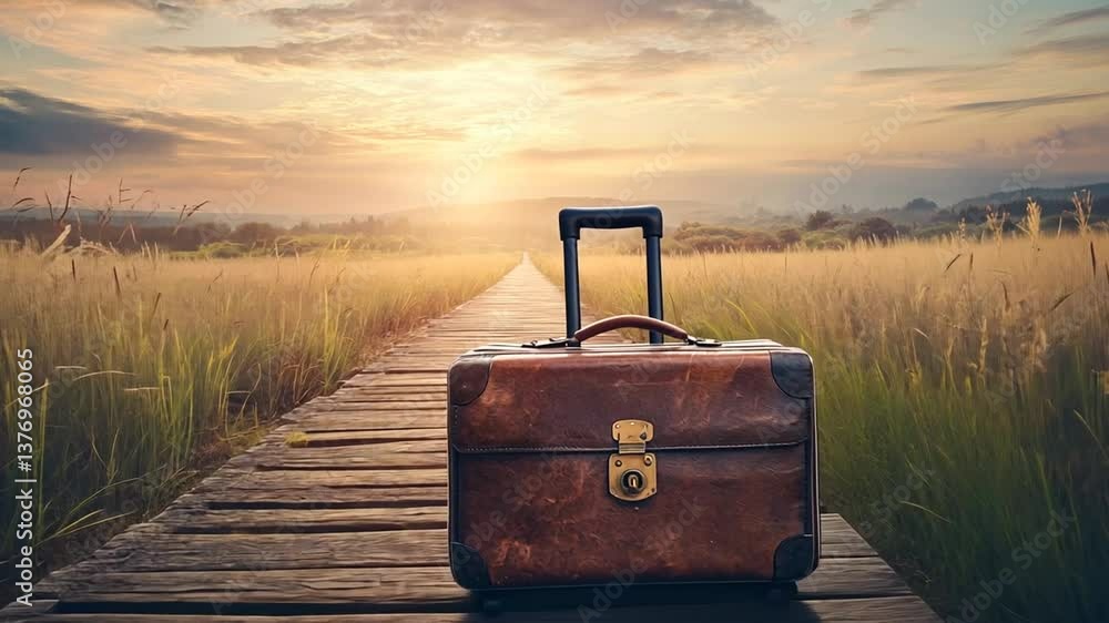 Poster journey awaits with a suitcase on a wooden path at sunset generative ai