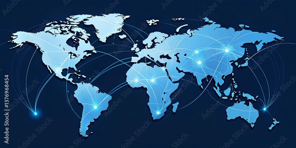 Poster global flight network map: airplane route connections on world map with copy space