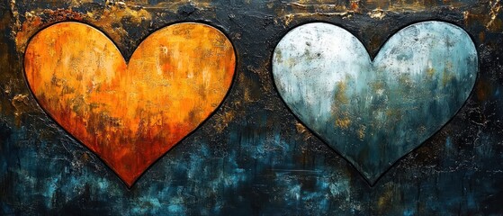 Two contrasting hearts painted on a dark, textured background. Warm and cool tones create a visual dichotomy