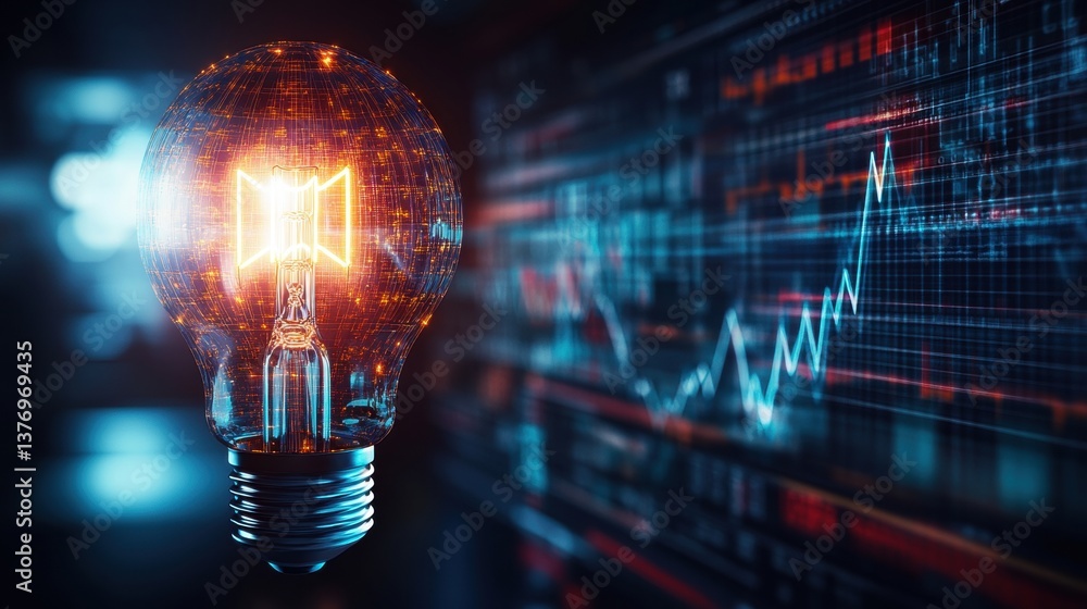 Poster a glowing lightbulb with a digital gate filament sits confidently in front of dynamic financial grap