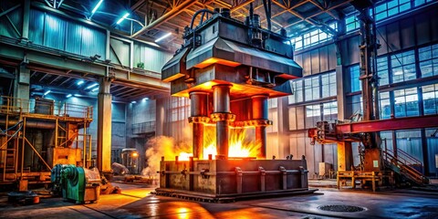 Fototapeta premium Industrial night: a hydraulic press's crushing force shapes metal, revealing automotive manufacturing's raw power.