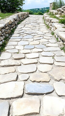 Stone path winding uphill, flanked by low stone walls, leading to verdant hills under a bright sky AI generative