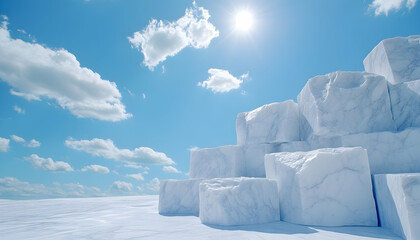 Sunlit ice cubes stacked against a bright blue sky AI generative