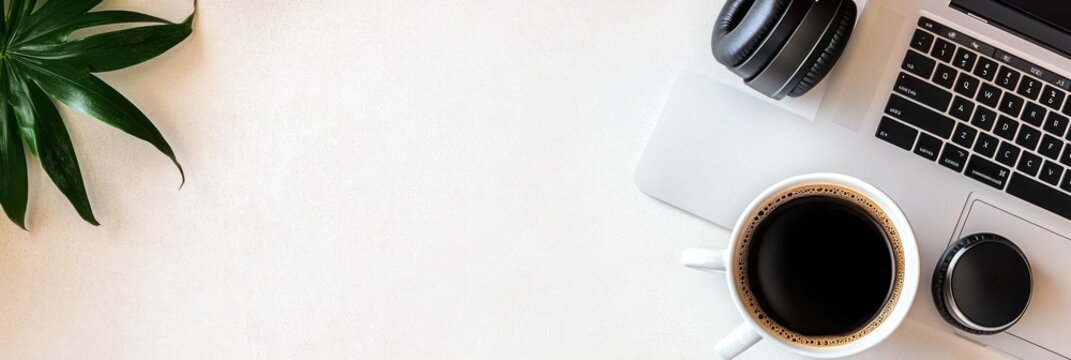 Minimalistic Workspace with Laptop Headphones and Coffee on Beige Background