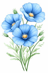 Three light blue poppies with green stems and buds, isolated on white AI generative