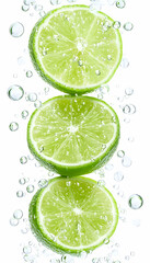 Three lime slices falling in water, bubbles surrounding AI generative