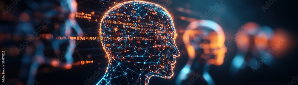 Poster a luminous digital rende of a human head composed of glowing lines and nodes surrounded by blurred f