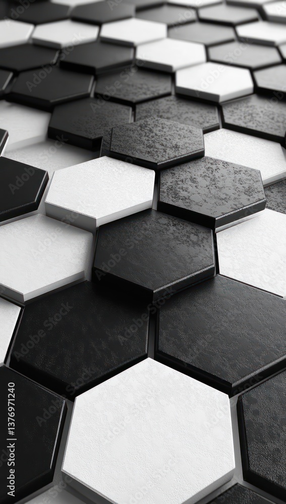 Aufkleber abstract black and white hexagonal mosaic wall vertical background 3d rendering