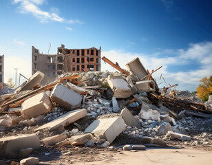 A partially demolished concrete building stands behind a large pile of rubble, broken bricks, and debris under a clear blue sky in a deserted area.	