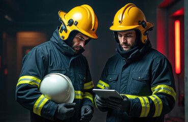 Fototapeta premium Two firefighters, wearing helmets, protective gear, examine tablet computer in action. Firemen in rescue mission looking at digital data, building plan, communication info. Teamwork, emergency