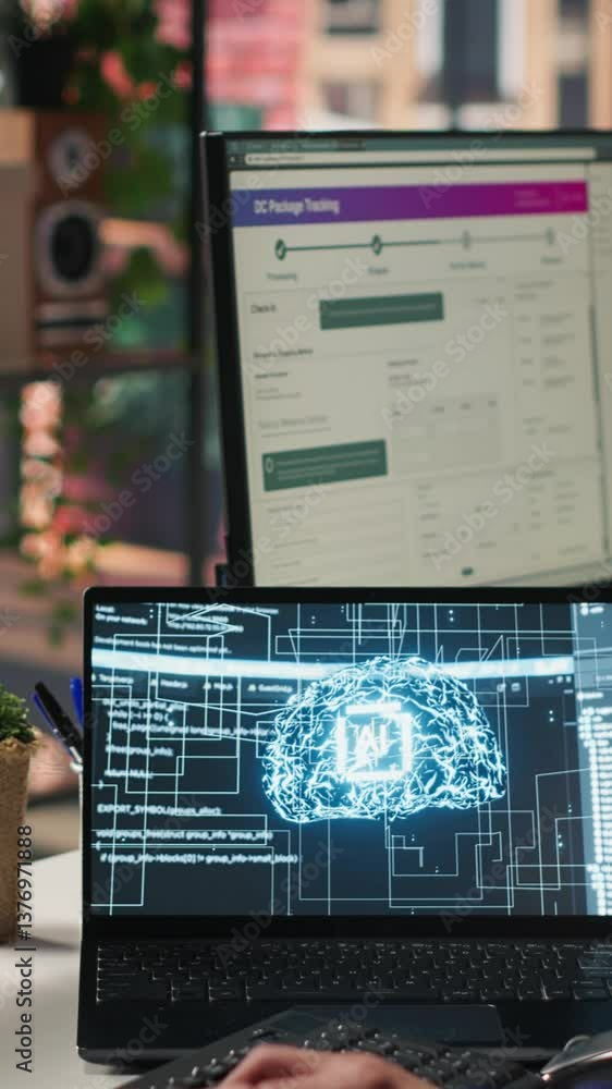 Poster vertical video call center agents track shipments in office using ai chatbot for help. customer cent