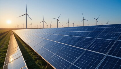 Vast Solar Panels and Wind Turbines Renewable Energy Field at Sunset