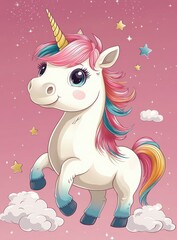Cute Unicorn Birthday Card in Pink with Stars Clouds and Rainbow Mane Illustration