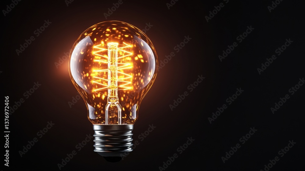 Poster a glowing incandescent light bulb with filament shining bright, surrounded by sparkling particles, c