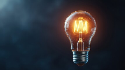 A captivating glowing lightbulb showcasing illuminated letters MM inside, set against a moody dark smoky backdrop for artistic inspiration and creativity.
