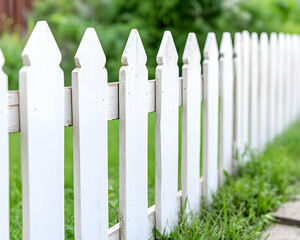Fototapeta premium White picket fence bordering green grass AI generative