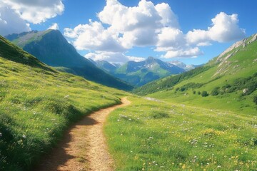 Mountain Valley Pathway with Lush Green Hills and Bright Blue Sky