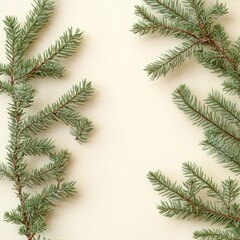 Obraz premium Evergreen Fir Branches on Pastel Beige Background Minimalist Flat Lay