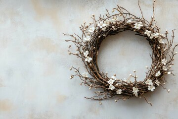Fototapeta premium Natural Twig Wreath with Delicate White Flowers on Textured Background