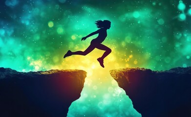 Jumping Person Silhouette from 2025 to 2025 on Cliffs in Vibrant Digital Art