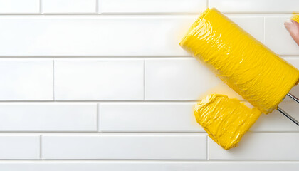 Yellow paint roller applying paint to white tiles AI generative