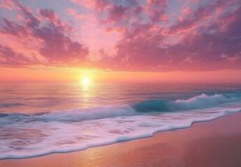 Fototapeta premium Tranquil Sunset at a Serene Beach with Gentle Waves and Vibrant Pastel Sky