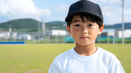 Youthful boy in baseball cap, serious expression, outdoors on field AI generative