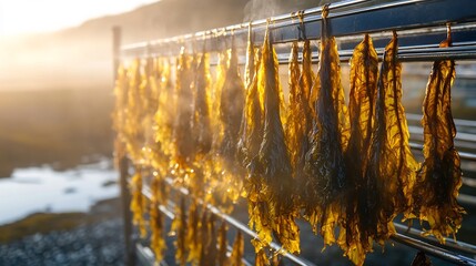 Scottish Smoked Seaweed hanging drying racks warm backlighting enhancing the intricate translucent textures misty coastal backdrop