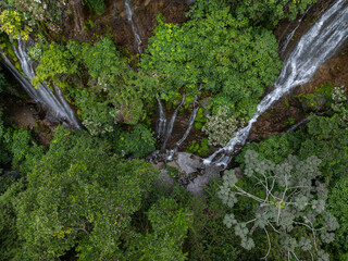 Aerial 90 degree straight down drone photo of Seven Waterfalls (Las Siete Cascadas)surrounded by...