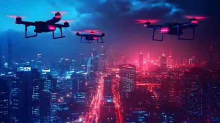 Ai-controlled drones patrol smart city at night urban surveillance technology