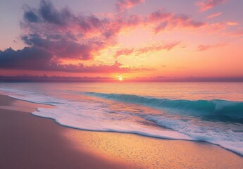 Sunset Serenity Over Tropical Beach with Gentle Waves and Colorful Sky