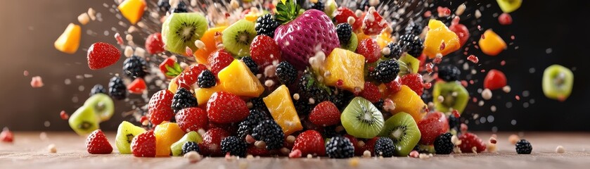 Fototapeta premium A vibrant mix of fresh strawberries, raspberries, blackberries, kiwi, pine, and mango captured mid-air in a colorful splash of juicy fruits