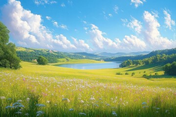 Fototapeta premium Vivid spring meadow in green countryside with hills and lake under blue sky