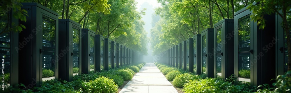 Poster Data center servers in eco-friendly green area with trees. Server racks symbolize eco-friendly data storage. Digital tech meets environmental sustainability, modern tech, green, data management,