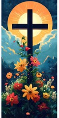 Christian Cross with Floral Elements and Bright Sun in a Mountain Summer Landscape