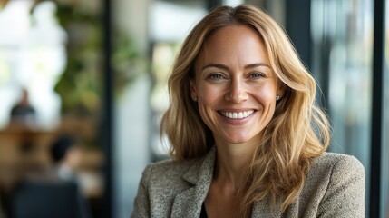 Obraz premium A beautiful smiling woman looking directly at the camera