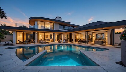 Obraz premium Serene twilight view of a contemporary villa with a shimmering pool