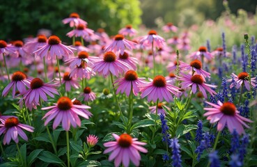 Fototapeta premium Vibrant perennial flower bed, predominately purple shades. Echinacea blooms and other flower types, green foliage in garden. Summer nature, park scenery with street lamps on background.