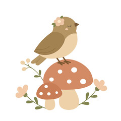 Whimsical illustration featuring a cute bird surrounded by mushrooms and delicate flowers, all drawn in a soft and dreamy pastel palette. 