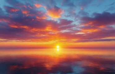 Fototapeta premium Impressionist Sunset Over Calm Waters with Dramatic Clouds and Vibrant Colors