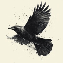 Fototapeta premium Raven Mid-Flight Monochrome Illustration, Minimalist Art, High Contrast, Dynamic Composition, Ink Texture, Black Crow