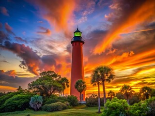 Jupiter Lighthouse Florida Coastal Sunset Dramatic Sky  Stock Photo